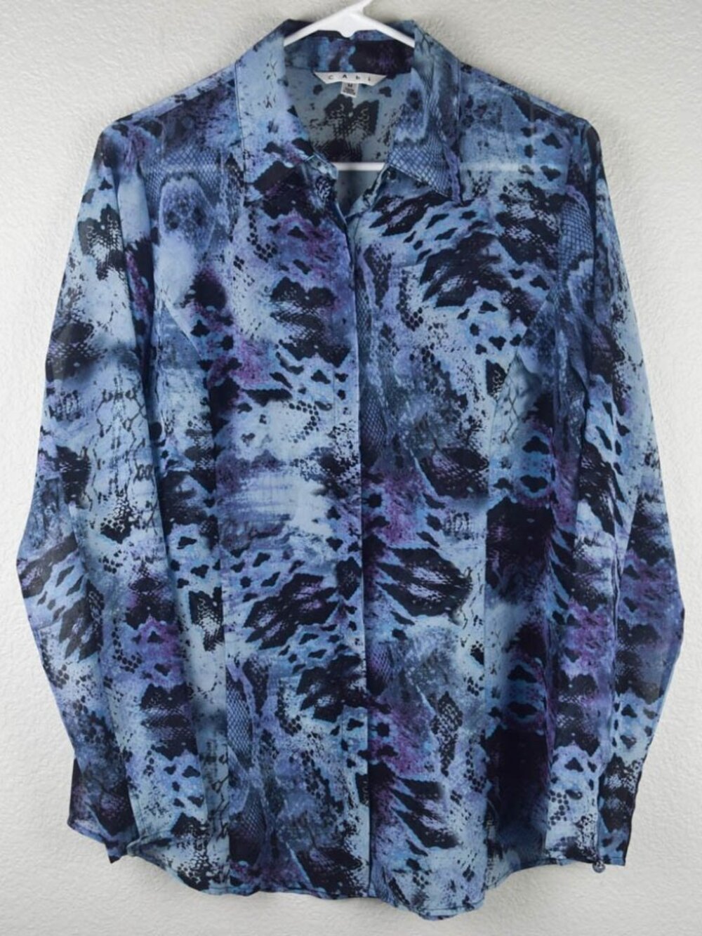 Cabi Womens M Snakeskin Print Semi Sheer Button Up Blouse Top Shirt Blue Purple